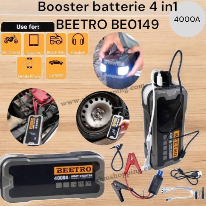 Booster batterie 4 in1 4000A, Gonfleur 10 Bar, Power Bank 24000 mAh et lamp torche 3 positions avec pochette | BETTRO